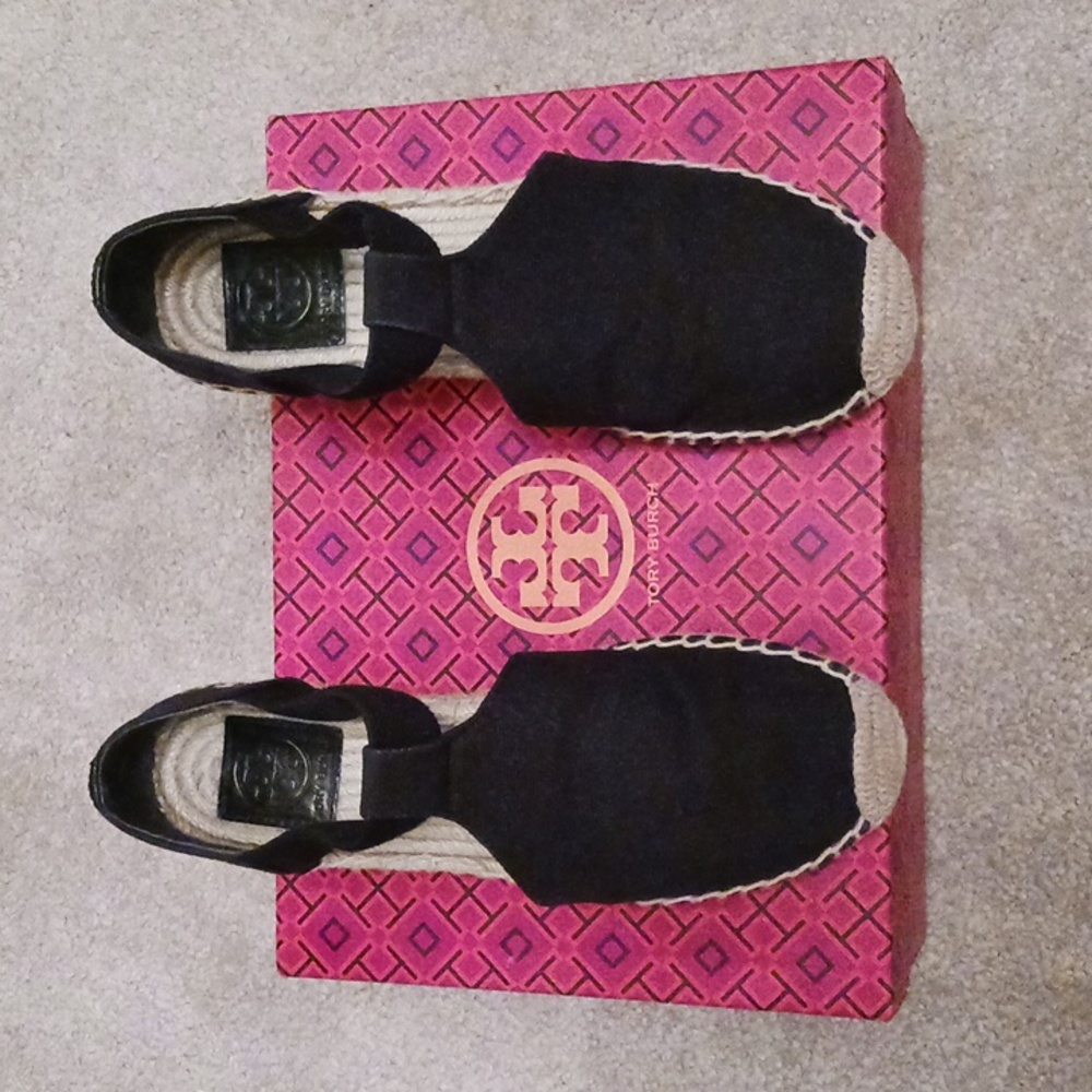 Tory Burch Catalina Black Canvas Espadrille Wedge Size 7